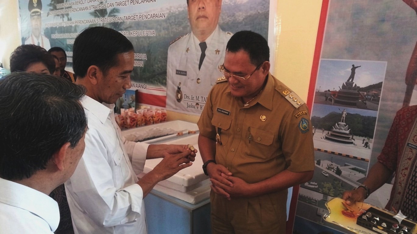 Bupati Hironimus Rompas Makagansa memberikan cincin batu nawacita kepada Presiden Jokowi saat berkunjung ke Sangihe. (Foto: Ist)