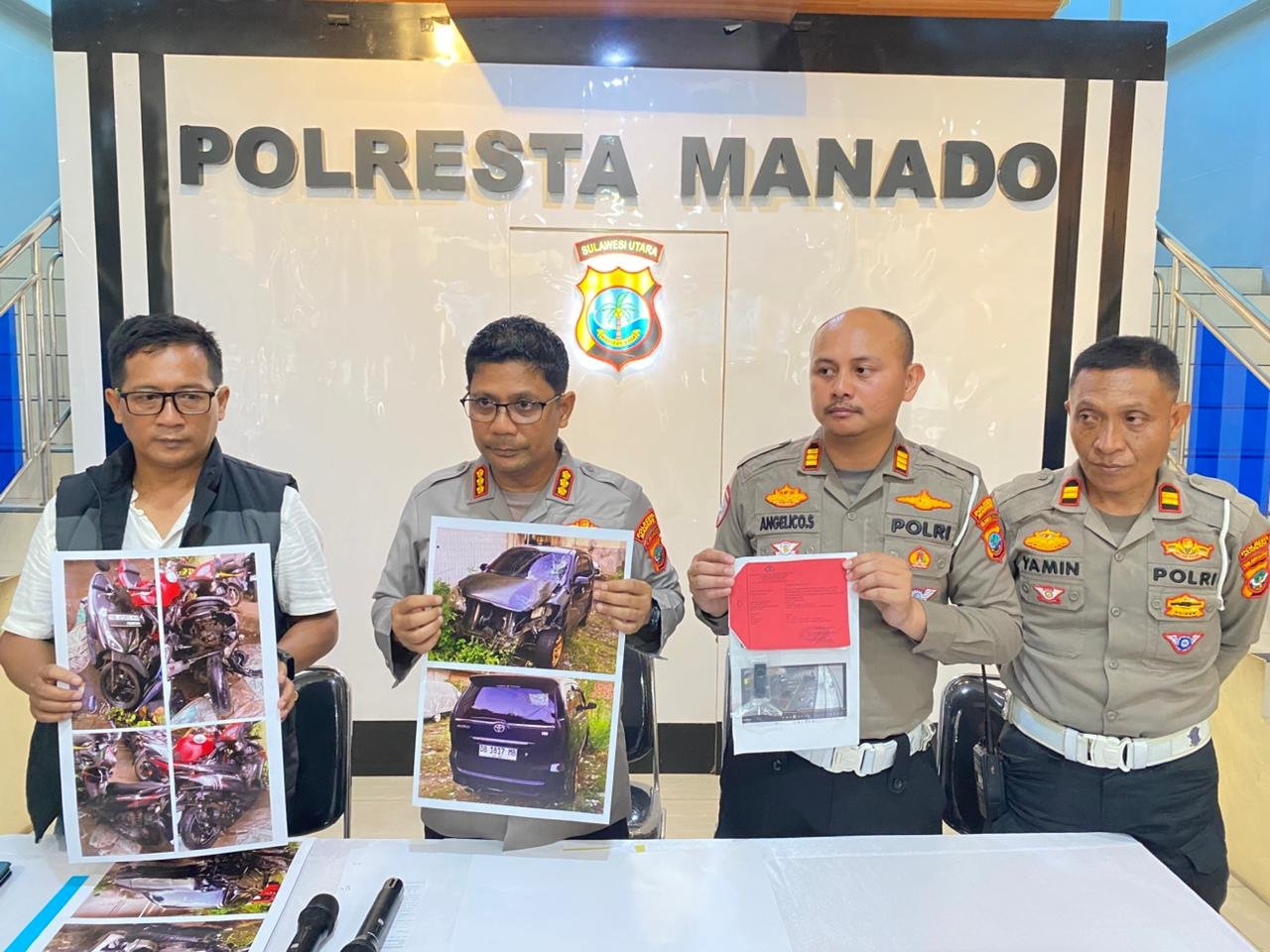 Kapolresta Manado Kombes Pol Irham Halid (tengah) saat memimpin konferensi pers penetapan dua tersangka dalam kasus kecelakaan lalu lintas di Mapolresta Manado, Jumat, 24 April 2026. (Foto: Ist)