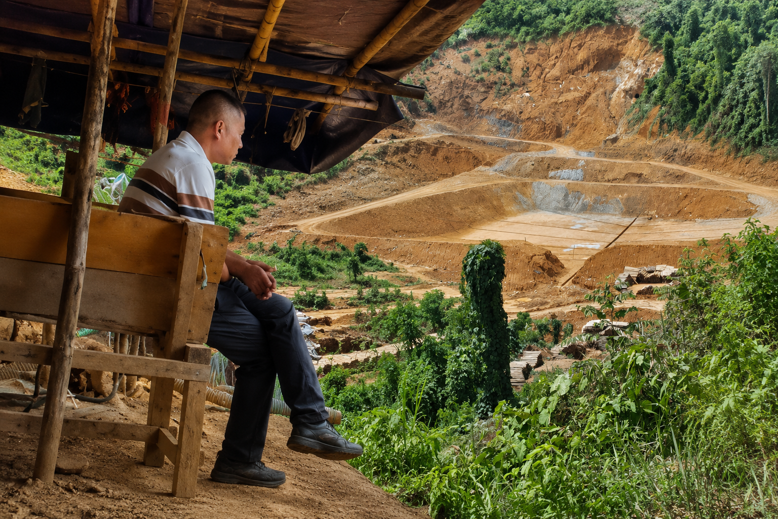 Foto ini adalah penampakan sosok WNA yang sempat viral di media sosial berada di lokasi tambang ilegal di Bowone Sangihe. Penggabungan foto dibuat menggunakan AI. (Foto: Ist)