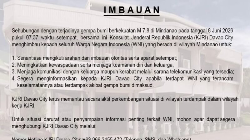 KJRI Davao City Imbau WNI Tingkatkan Kewaspadaan Pasca Gempa M 7,8 di Mindanao