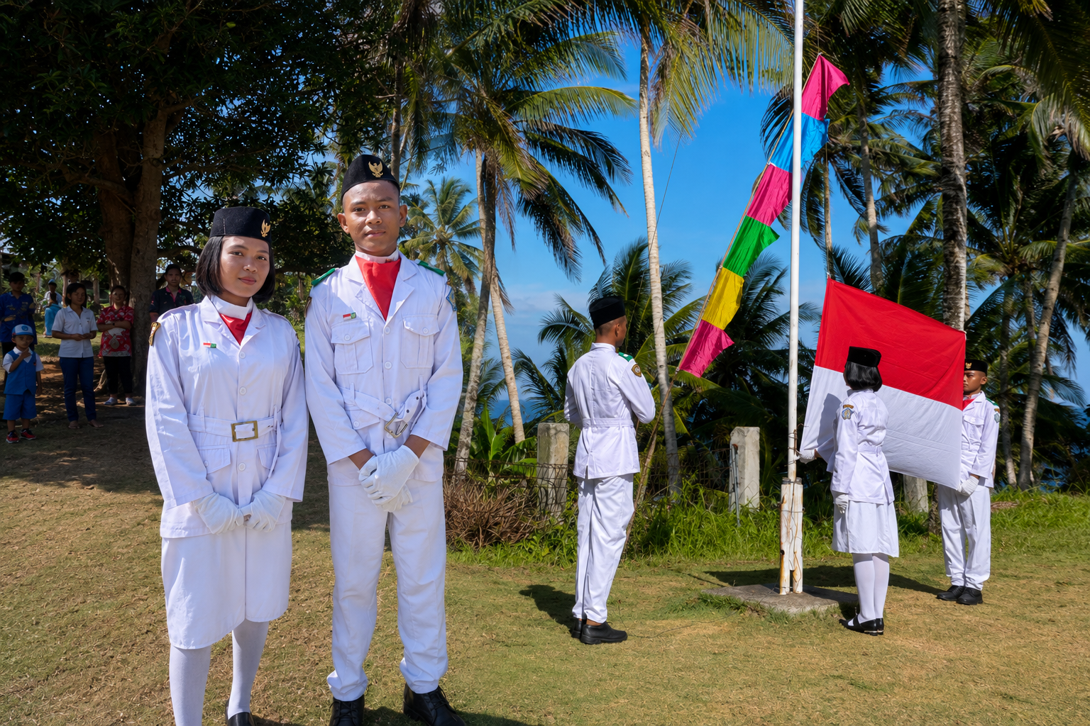 Arjun Makatiho dan Ethel Mae Mendome saat bertugas sebagai pengibar bendera di perbatasan Indonesia-Filipina di Kampung Matutuang Kepulauan Marore. (Foto: SNews)